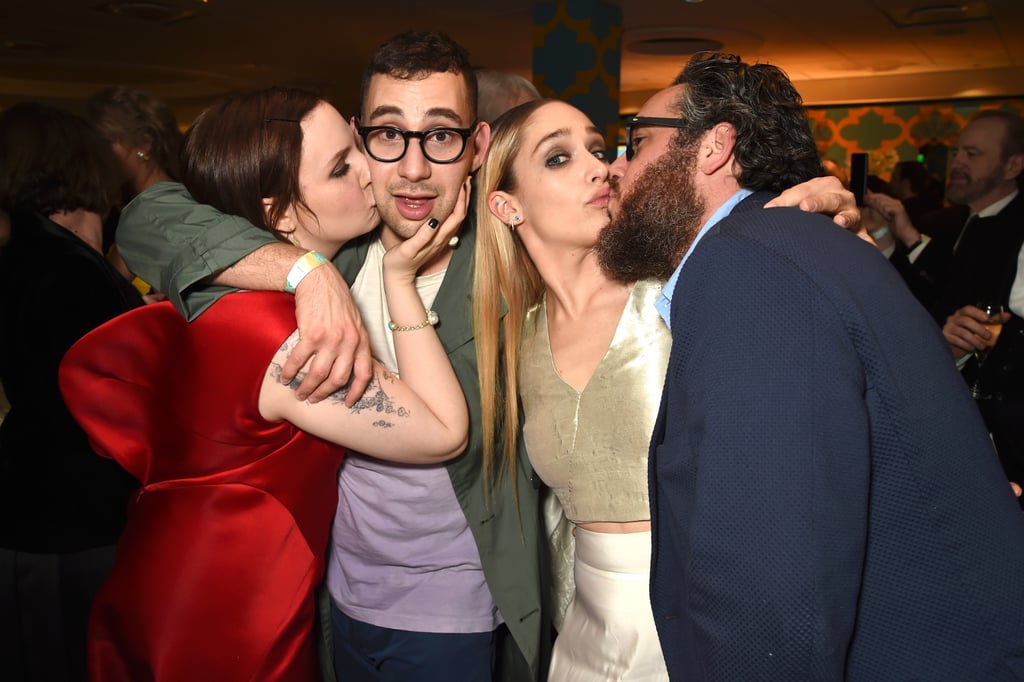 Lena Dunham kissed boyfriend Jack Antonoff while Jemima Kirke puckered up for her husband, Mike Mosberg, at the HBO bash.