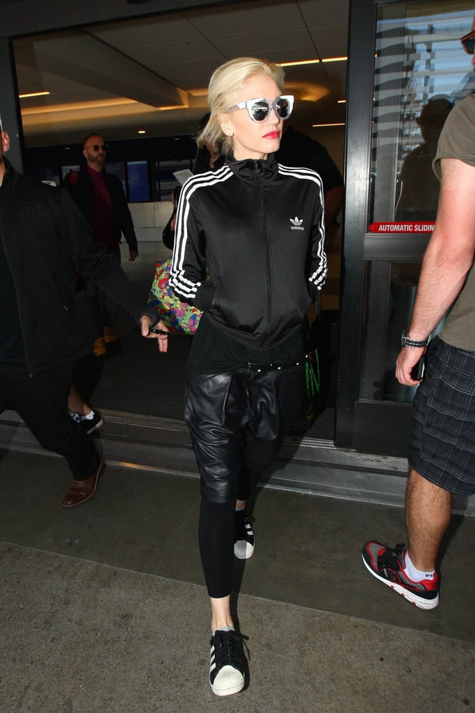 While tracksuits can be cute as is, Gwen Stefani opted to make things more interesting, swapping out the matching pants for loose leather joggers.