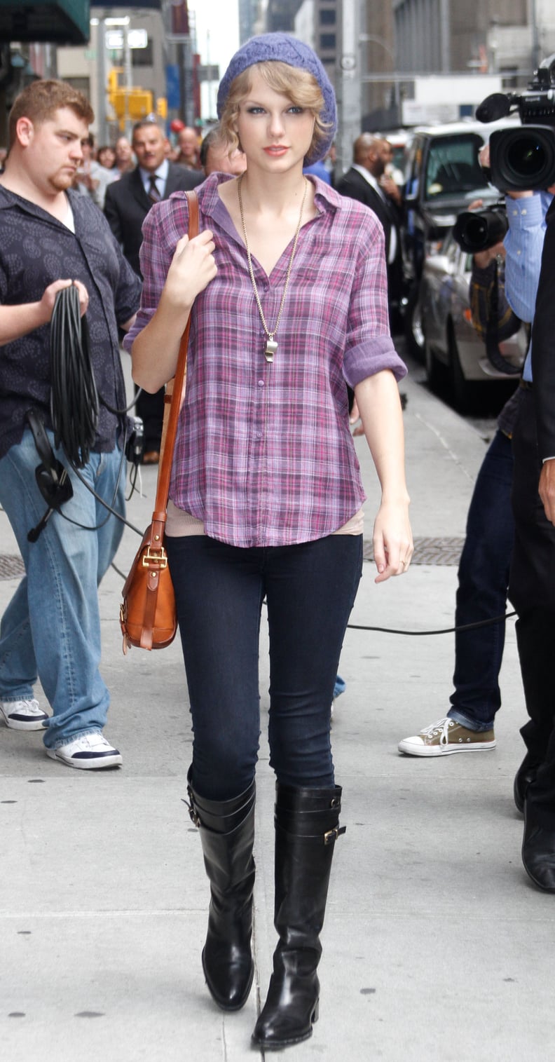 Taylor Tried Jeans With a Plaid Button-Down and Sleek Buckled Boots