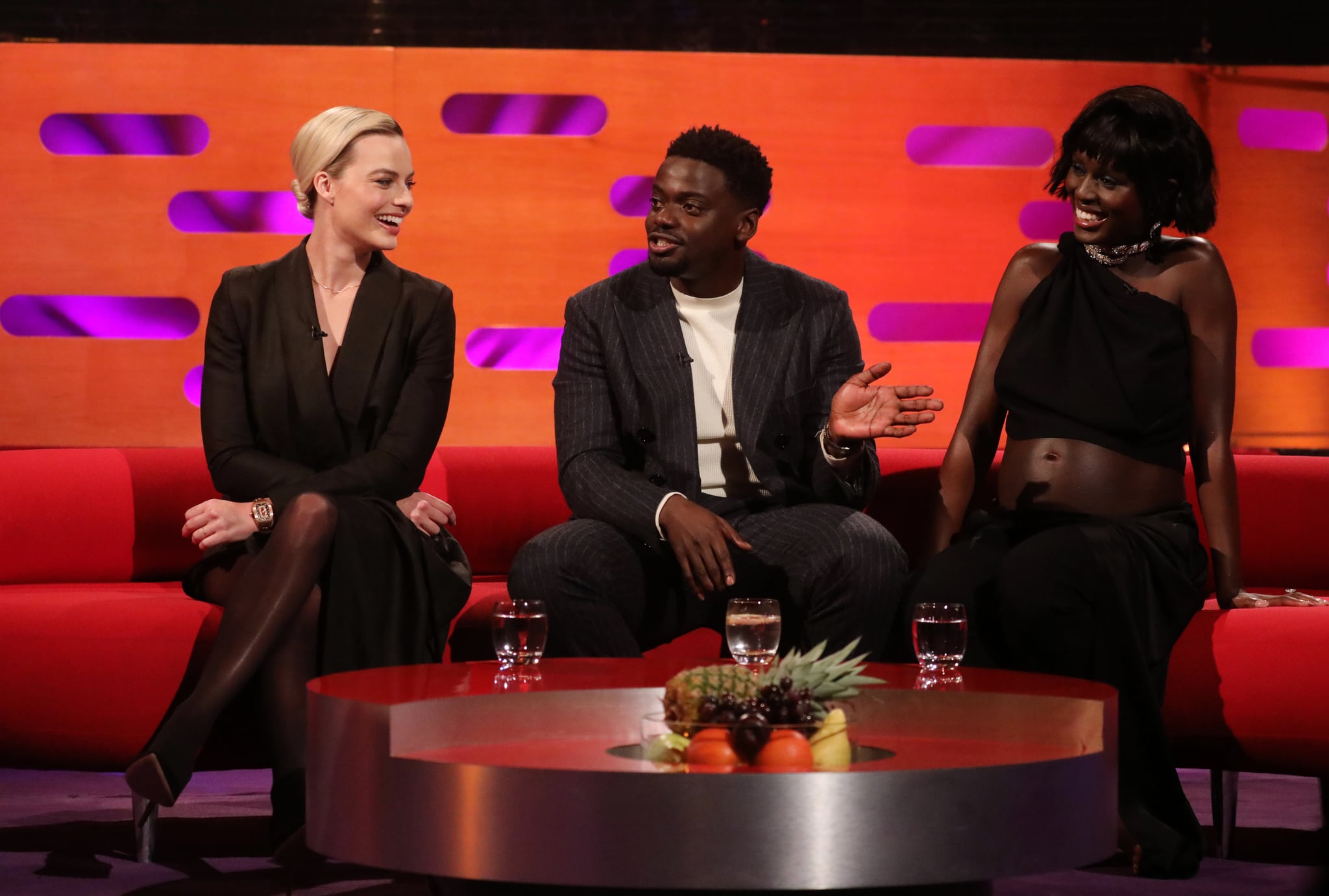 (left to right) Margot Robbie, Daniel Kaluuya and Jodie Turner-Smith during the filming for the Graham Norton Show at BBC Studioworks 6 Television Centre, Wood Lane, London, to be aired on BBC One on Friday evening. (Photo by Isabel Infantes/PA Images via Getty Images)