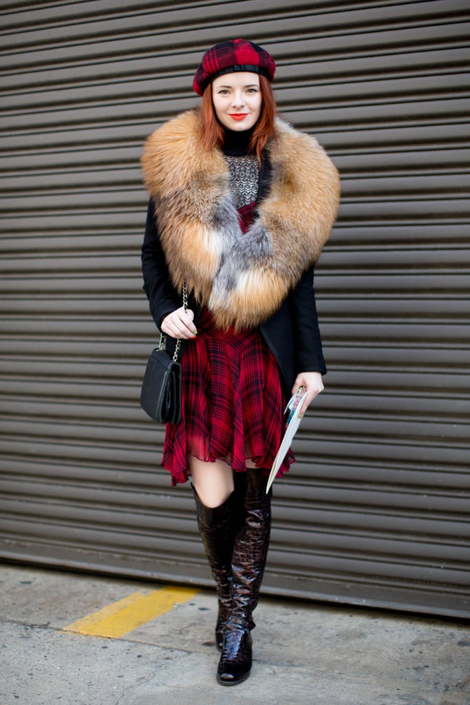 Jane Aldridge went punk-meets-luxe in a fur collar and school-girl plaid.
Jane Aldridge went punk-meets-luxe in a fur collar and school-girl plaid.