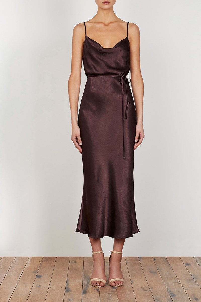 Satin chocolate brown dress clearance
