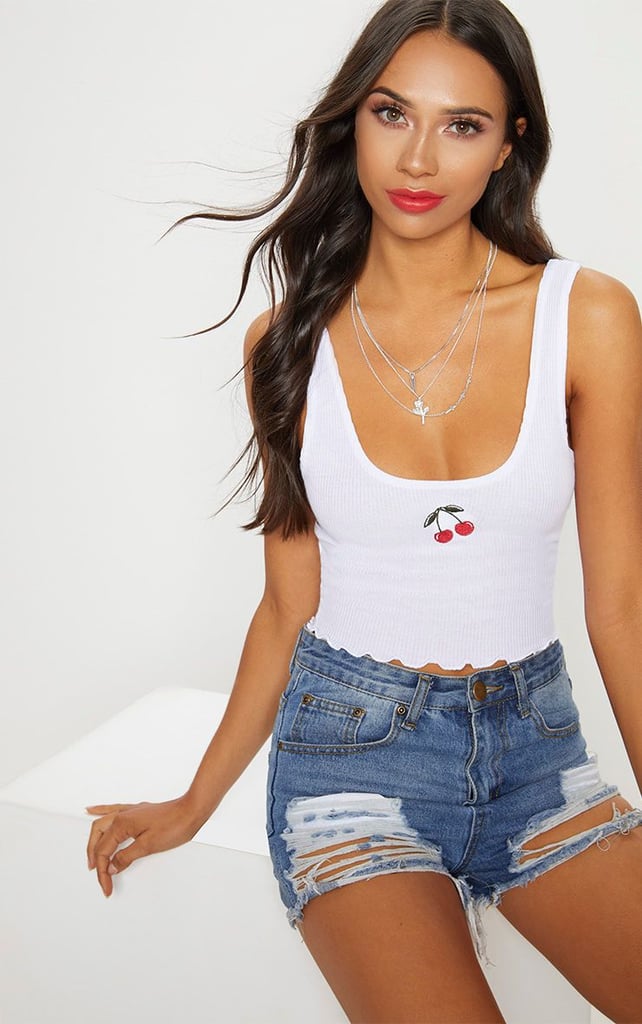 White Embroidered Cherry Rib Crop Top