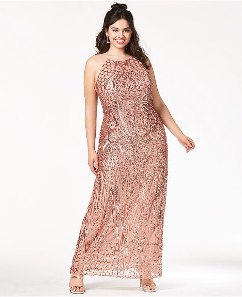Morgan & Company Sequin-Patterned Backless Gown | Best Plus Size Prom ...