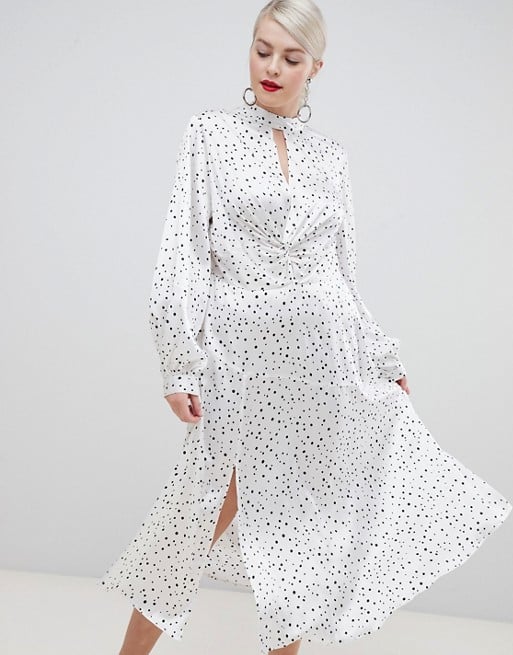 ASOS DESIGN Curve high neck twist front 70s sleeve maxi dress in spot