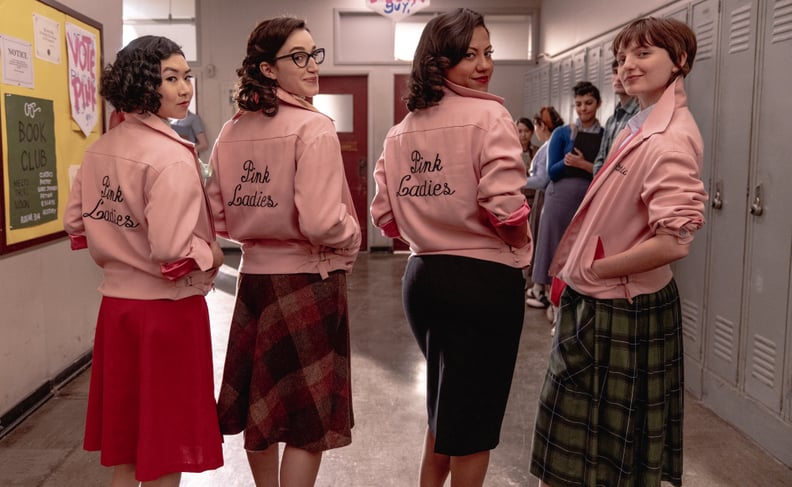 L-R: Tricia Fukuhara as Nancy Nakagawa, Marisa Davila as Jane Facciano, Cheyenne Wells as Olivia Valdovinos and  Ari Notartomaso as Cynthia Zdunowski in Grease: Rise of the Pink Ladies episode 2, season 1, streaming on Paramount +, 2022. Photo Credit: Edu