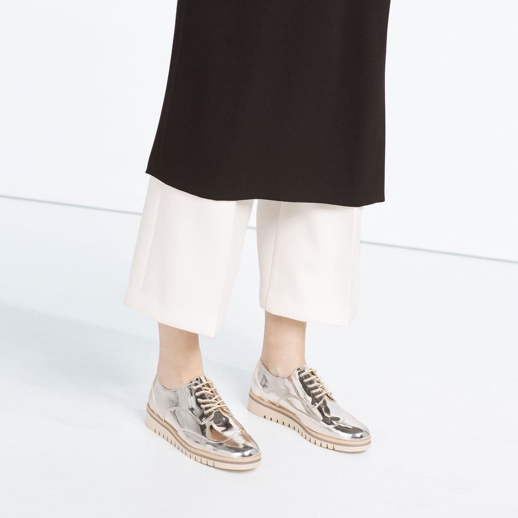 Zara Metallic Flat Shoes With Brogue Detail ($50)