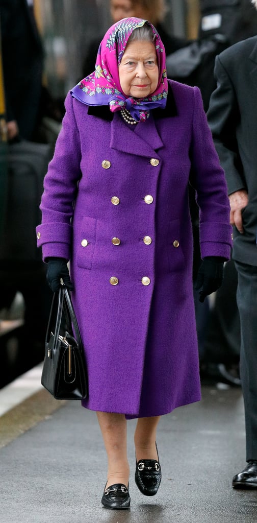 On her way to Sandringham House for her Christmas break in 2017, the queen wore her shoes with a purple double-breasted coat.
