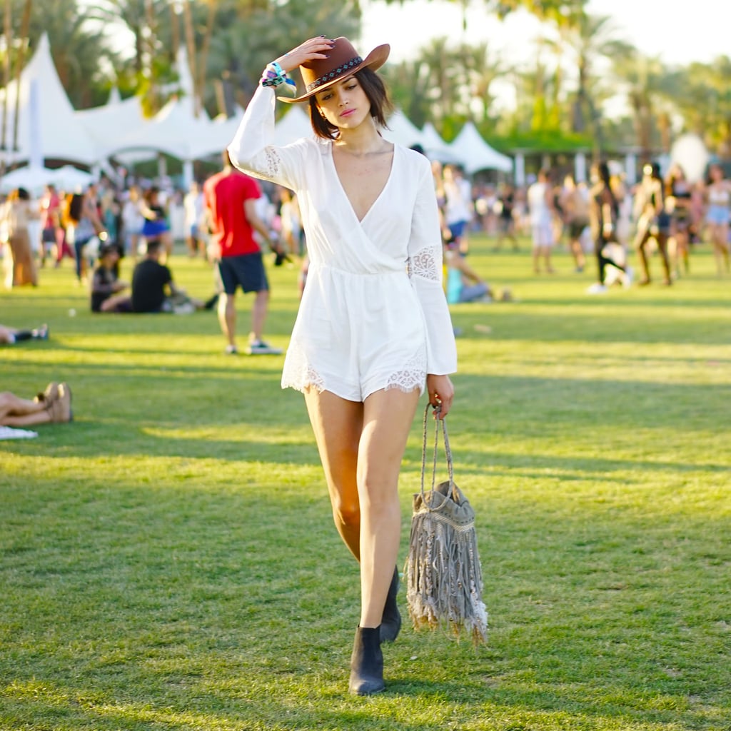 We spotted this long-sleeved lightweight H&M romper all over the festival grounds. We love the way it looked with the turquoise detail on a neutral fedora.
