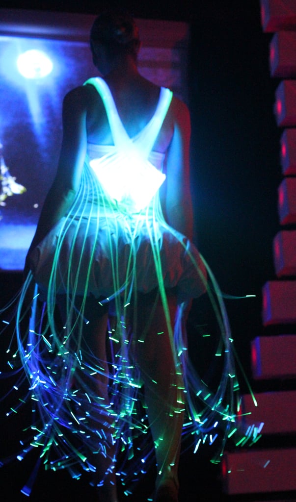 A fiber optics dress walked down the runway several times, since it was glamorous.