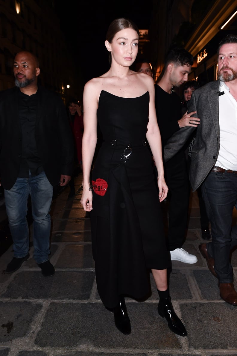 Gigi Hadid Black Prada Dress With Gigi Patch | POPSUGAR Fashion