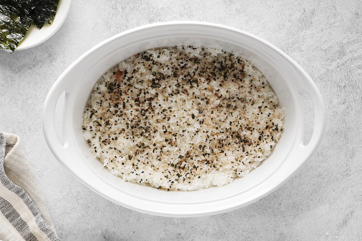 White rice and furikake in a casserole dish