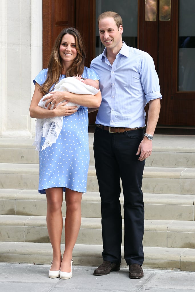 The new mom went playful in a light blue polka-dot Jenny Packham frock and neutral espadrilles for Prince George's first photo op in July 2013. Proud papa, William, must have gotten the baby blue for baby boy memo.