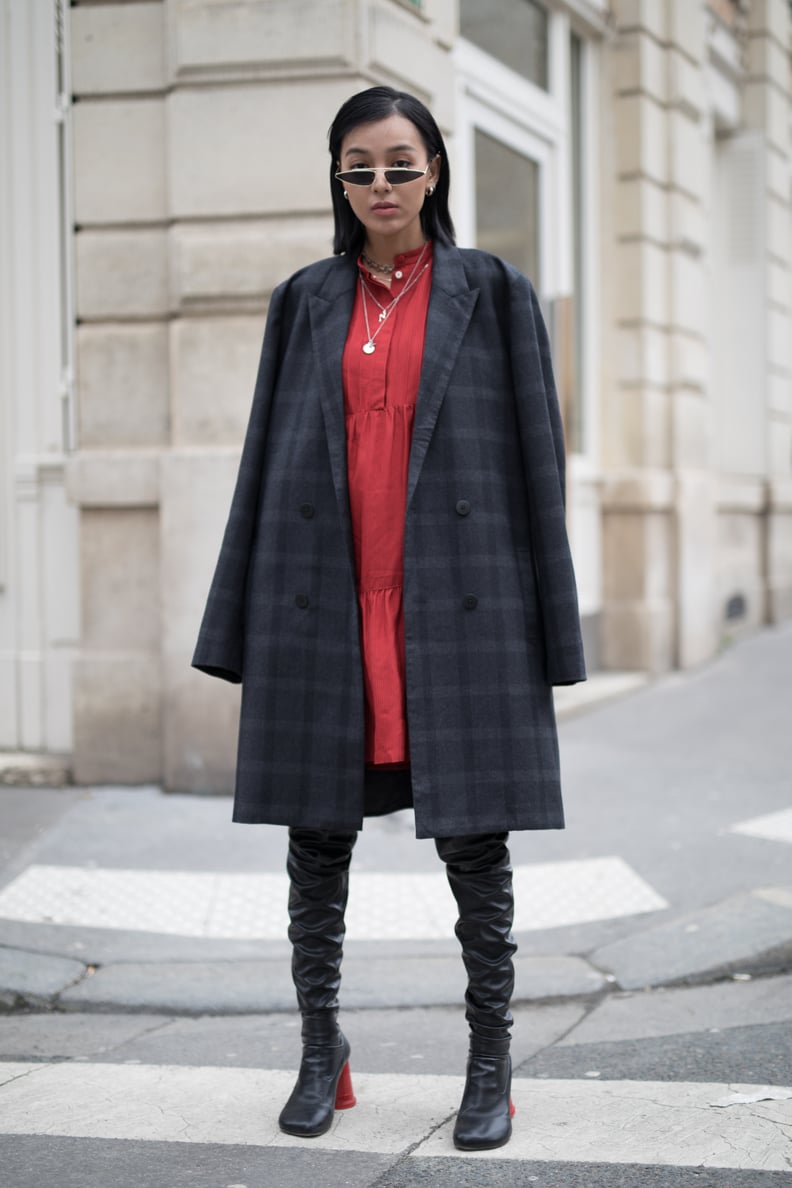 Style Slouchy Thigh-Highs With a Red Dress and Plaid Coat