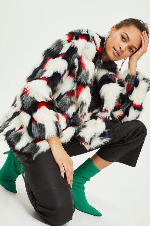 Topshop Geometric Pattern Faux Fur Coat