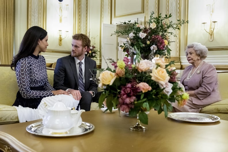 Murray Fraser, Parisa Fitz-Henley, and Maggie Sullivun as Prince Harry, Meghan Markle, and Queen Elizabeth II