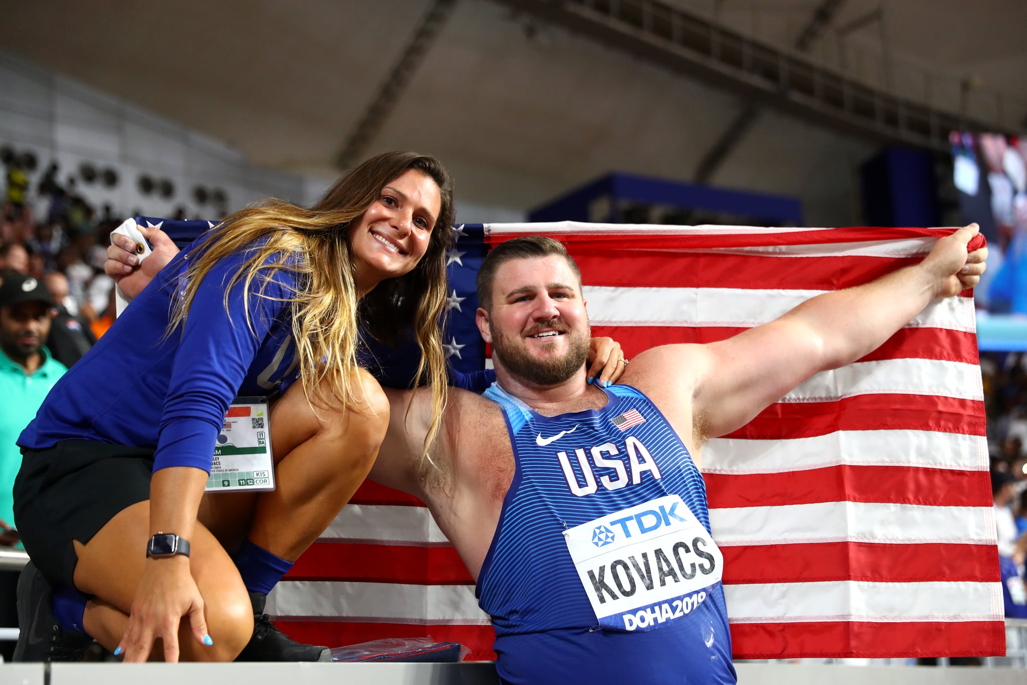 DOHA, QATAR - OCTOBER 05:  Joe Kovacs, gold, of the United States celebrates his championship record in the Men's Shot Put final with his wife Ashleigh Kovacs during day nine of 17th IAAF World Athletics Championships Doha 2019 at Khalifa International Stadium on October 05, 2019 in Doha, Qatar. (Photo by Michael Steele/Getty Images)