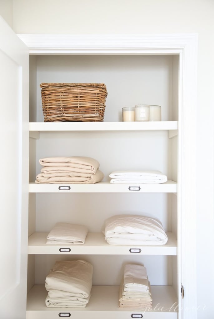 Place labels on your linen cabinet shelves to help you easily identify pillowcases from sheets or to organize sheet sizes.