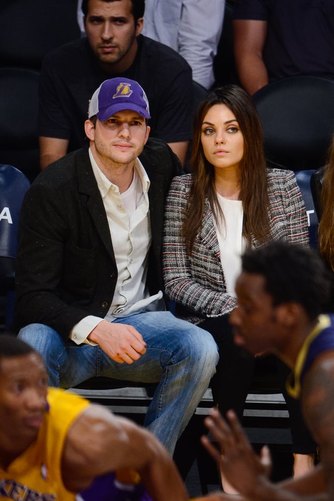 Mila Kunis and Ashton Kutcher Kiss at Lakers Game