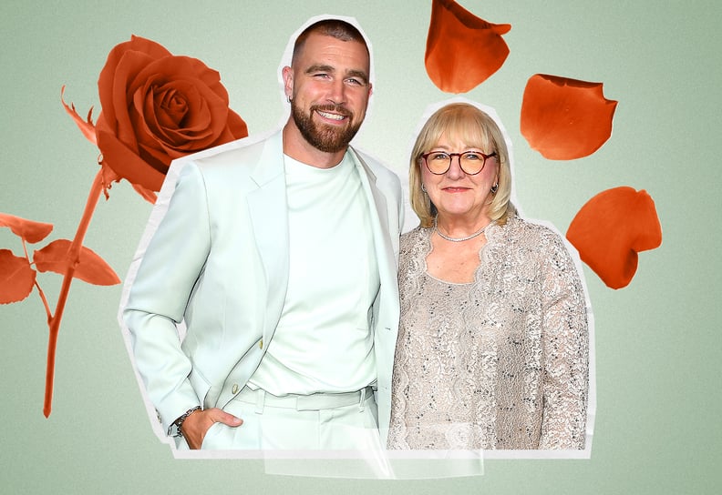 Designed Photo of Travis Kelce and Donna Kelce on a Light Green Background With Orange Roses