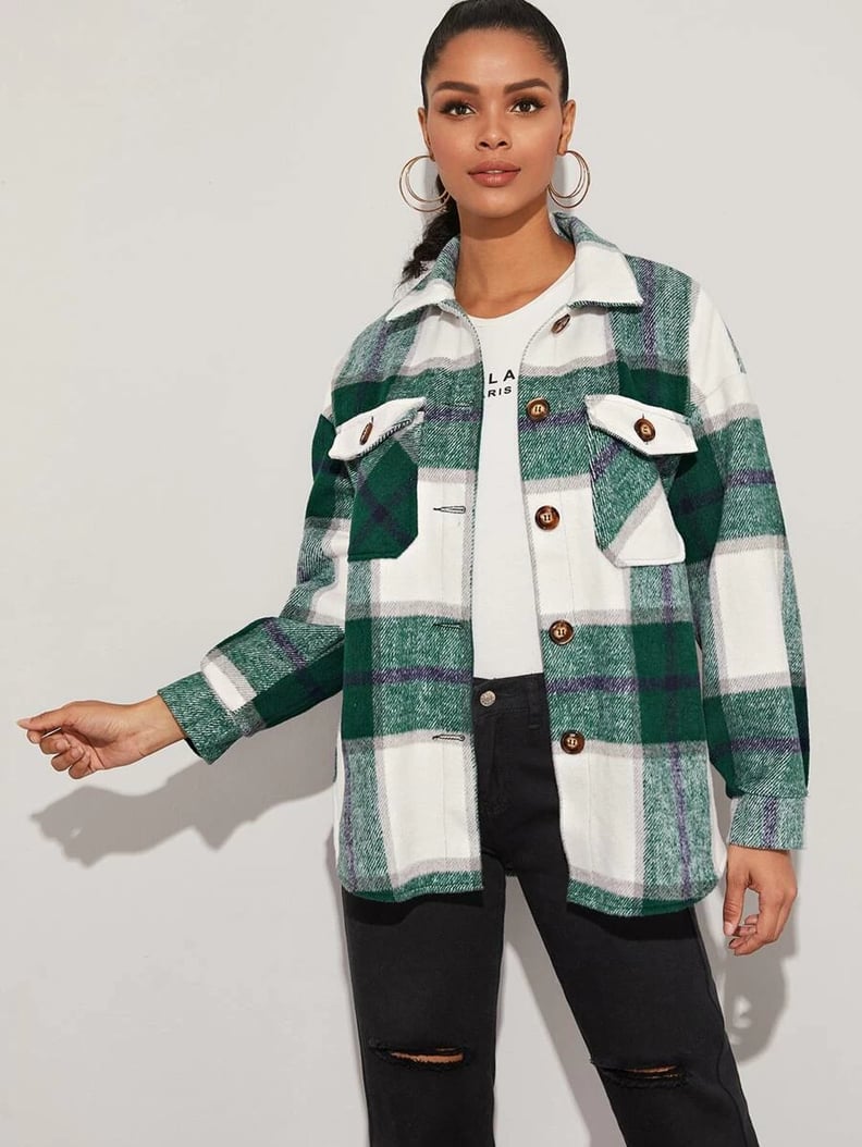 Shein Buttoned-Flap Pocket-Front Plaid Coat