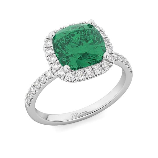 Allurez Cushion Cut Halo Emerald & Diamond Engagement Ring 14k White Gold