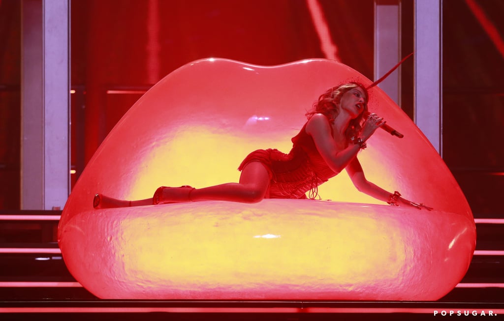 Kylie Minogue performed on a bed in the shape of lips in Prague on Tuesday.