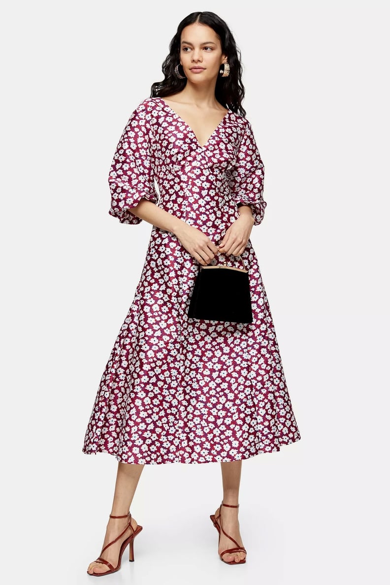 Multi Daisy Print Puff Midi Dress