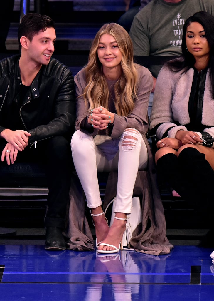 Gigi Hadid Wearing White Jeans at Basketball Game