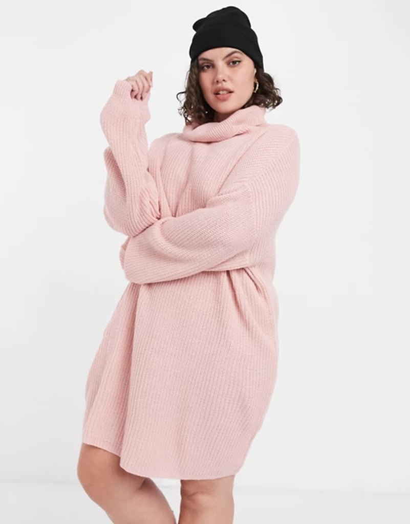 In The Style Plus x Billie Faiers Oversized Roll Neck Knitted Jumper Dress in Pink