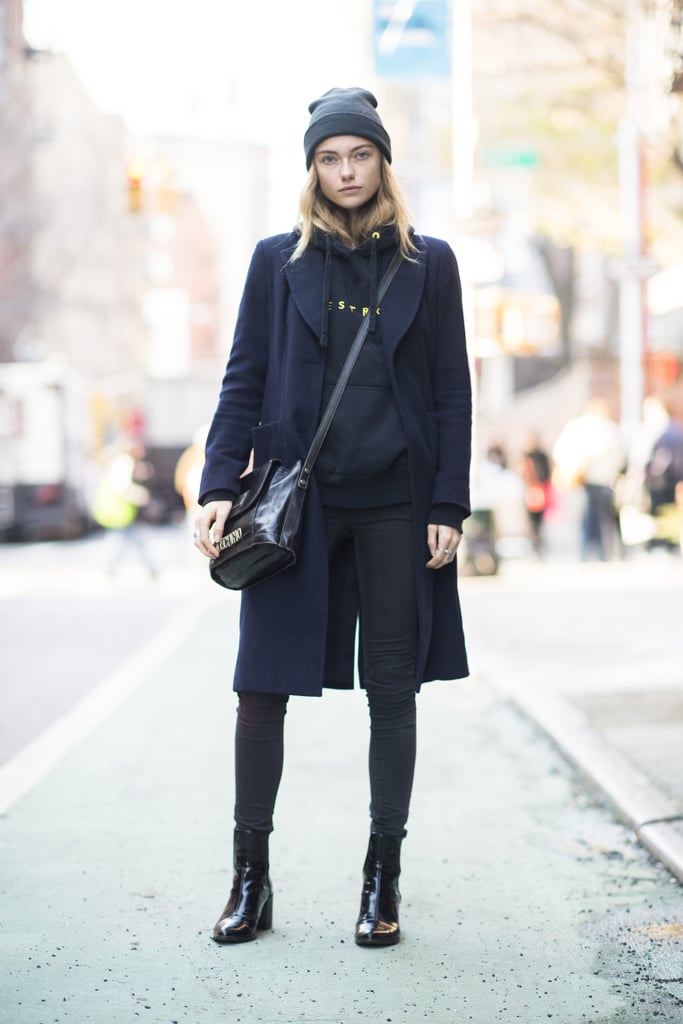 A hoodie and a beanie lend a sportier, '90s-girl effect to this Winter style. 
Source: Le 21ème | Adam Katz Sinding