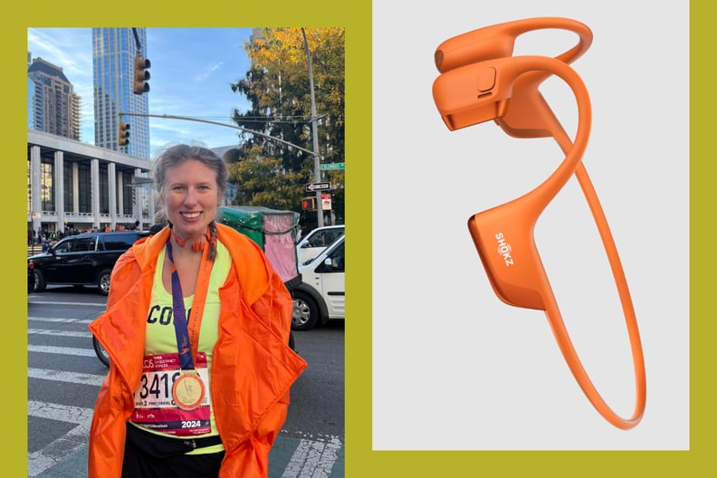 Writer Courtney Campbell after running a marathon wearing orange Shokz headphones.