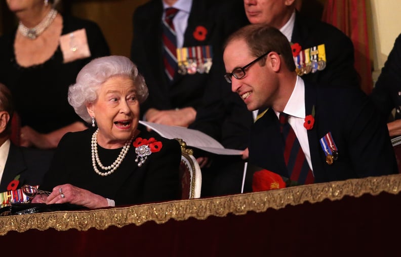 LONDON, ENGLAND - NOVEMBER 07:  Queen Elizabeth II and Prince William, Duke of Cambridge chat to each other in the Royal Box at the Royal Albert Hall during the Annual Festival of Remembrance on November 7, 2015 in London, England.  (Photo by Chris Jackso