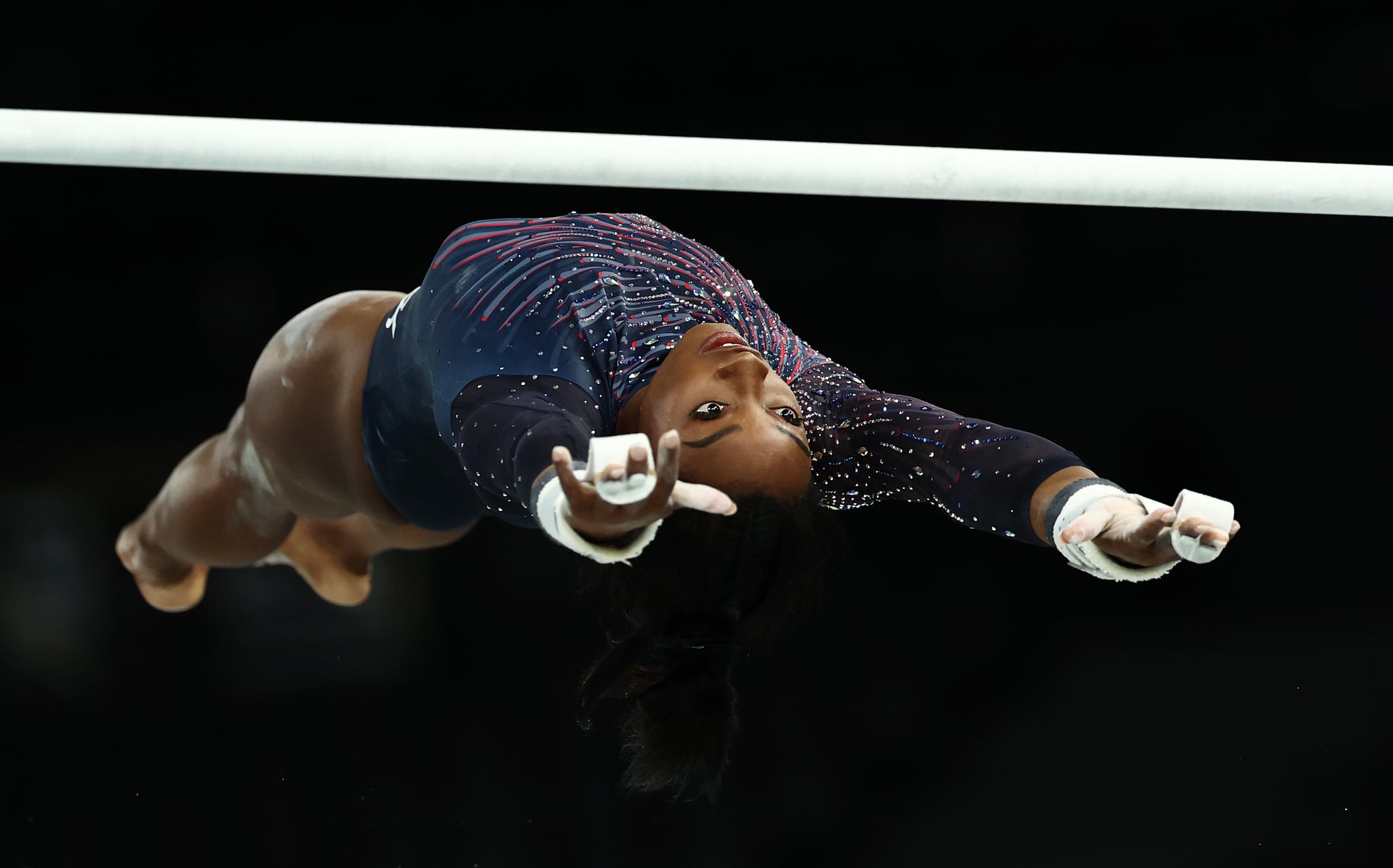 PARIS, FRANCE - JULY 25: Simone Biles of Team United States practices on the uneven bars during a Gymnastics training session in the Bercy Arena ahead of the Paris 2024 Olympic Games on July 25, 2024 in Paris, France. (Photo by Naomi Baker/Getty Images)