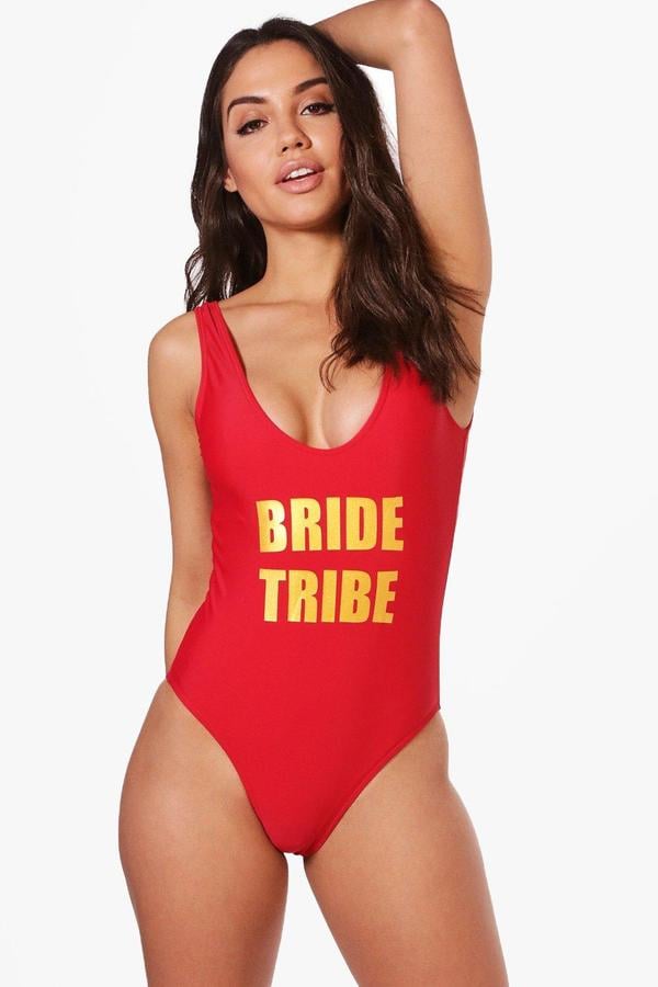 Boohoo Bride Tribe Slogan Scoop Swimsuit