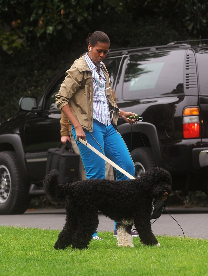 And Again in Blue Pants and a Beige Jacket | Michelle Obama's Casual ...