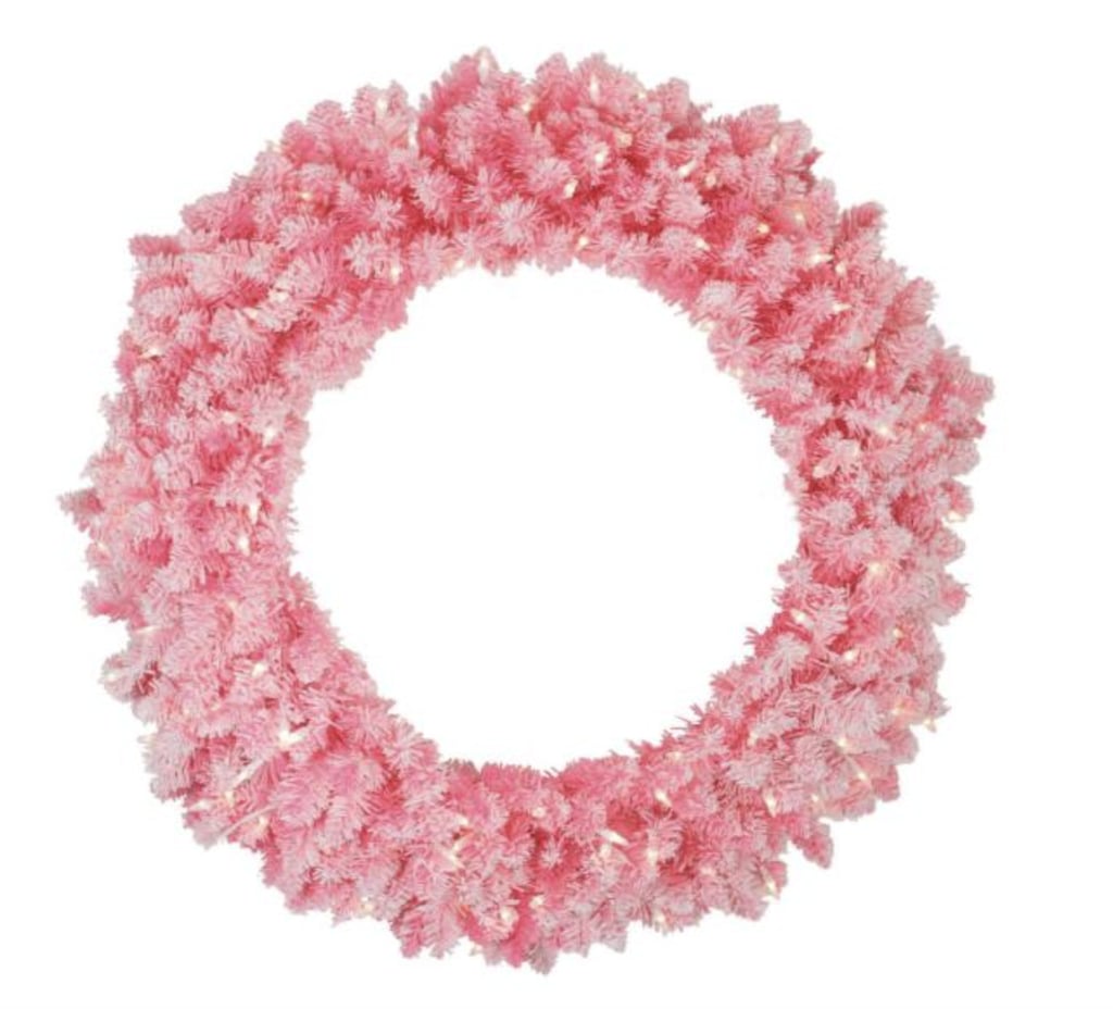 Pre-Lit Flocked Pink Artificial Christmas Wreath with Clear Lights