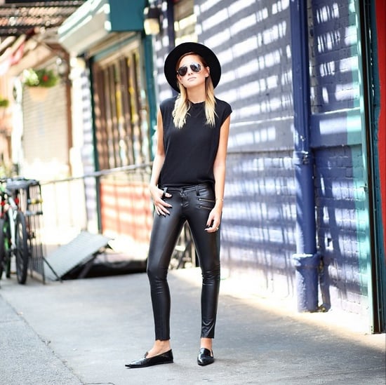 Pointed-toe loafers and leather make for an all-black outfit that's ...
