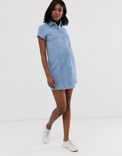 ASOS Design Maternity Soft Denim Short Sleeve Shirt Dress Midwash Blue