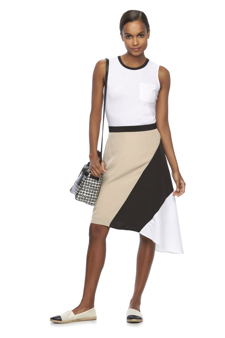 Eyelet Pocket Tank ($38), Asymmetrical Colorblock Skirt ($54), and ...