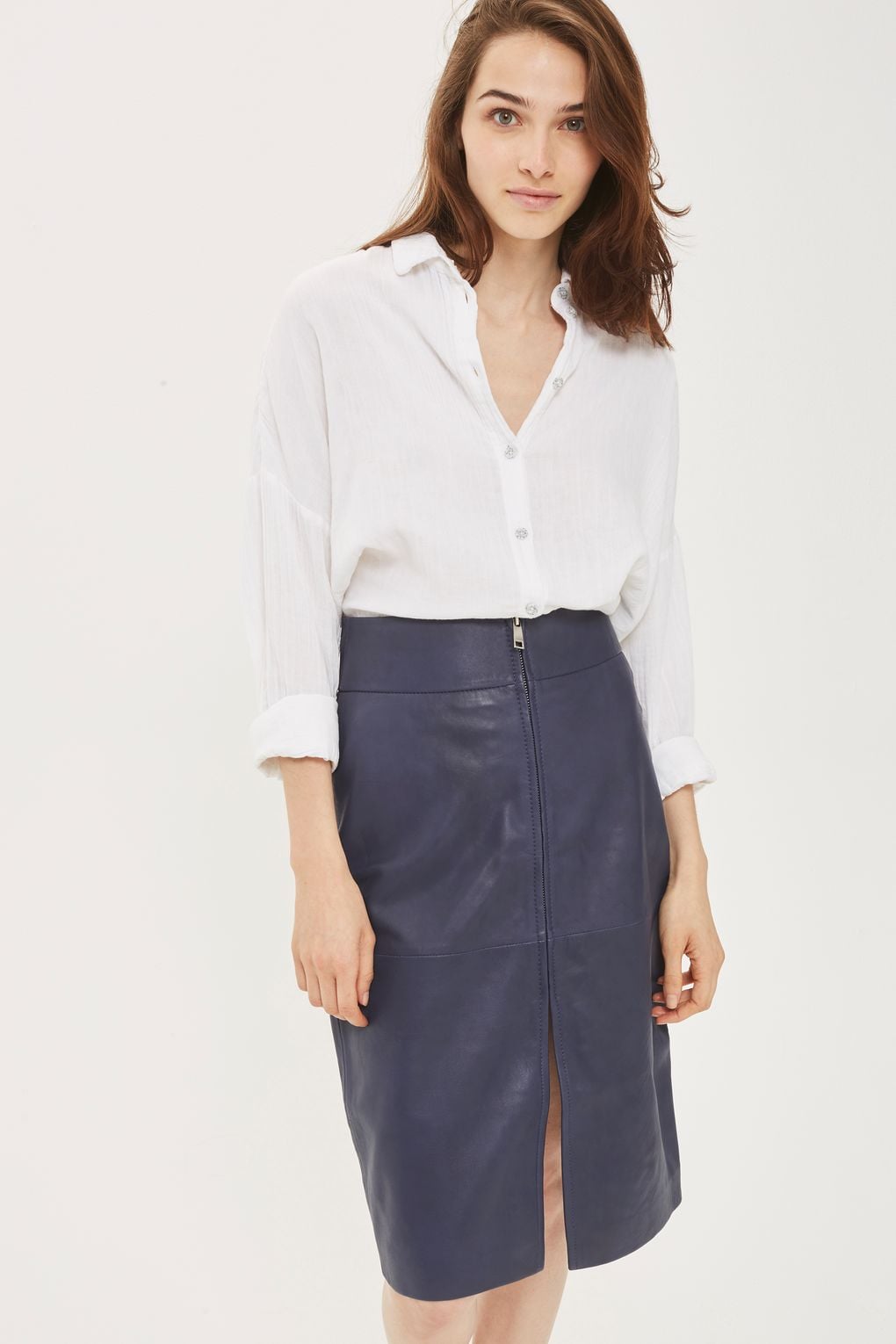 Navy blue faux leather skirt hot sale