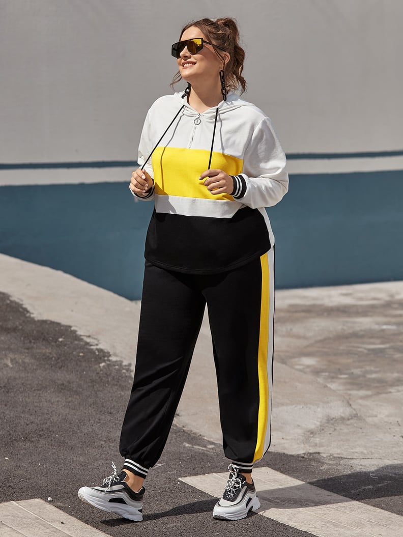 Shein Color Block Zipper Drawstring Hoodie & Sweatpants Set