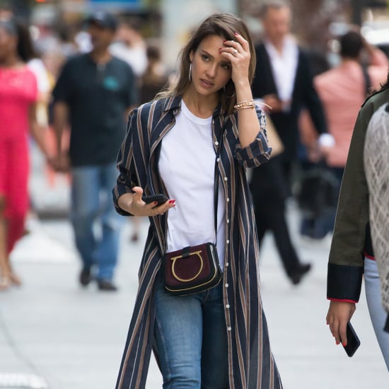 Jessica Alba Wearing a Striped Duster Coat