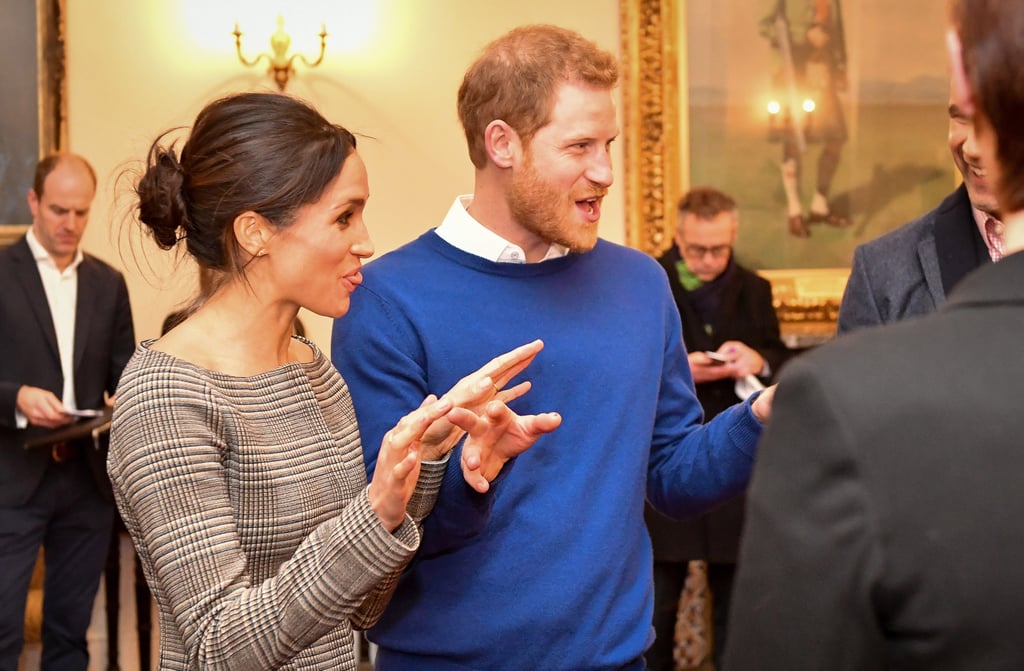 Prince Harry wore an Everlane jumper in the most gorgeous shade of blue when he visited Cardiff Castle with Meghan in January 2018. We got a great look at it once he shed his coat. Meanwhile, Meghan stood by in an off-the-shoulder Theory blazer.