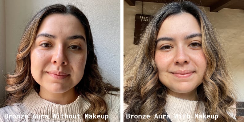 Side by Side of the Reviewer Wearing the Serum With and Without Makeup