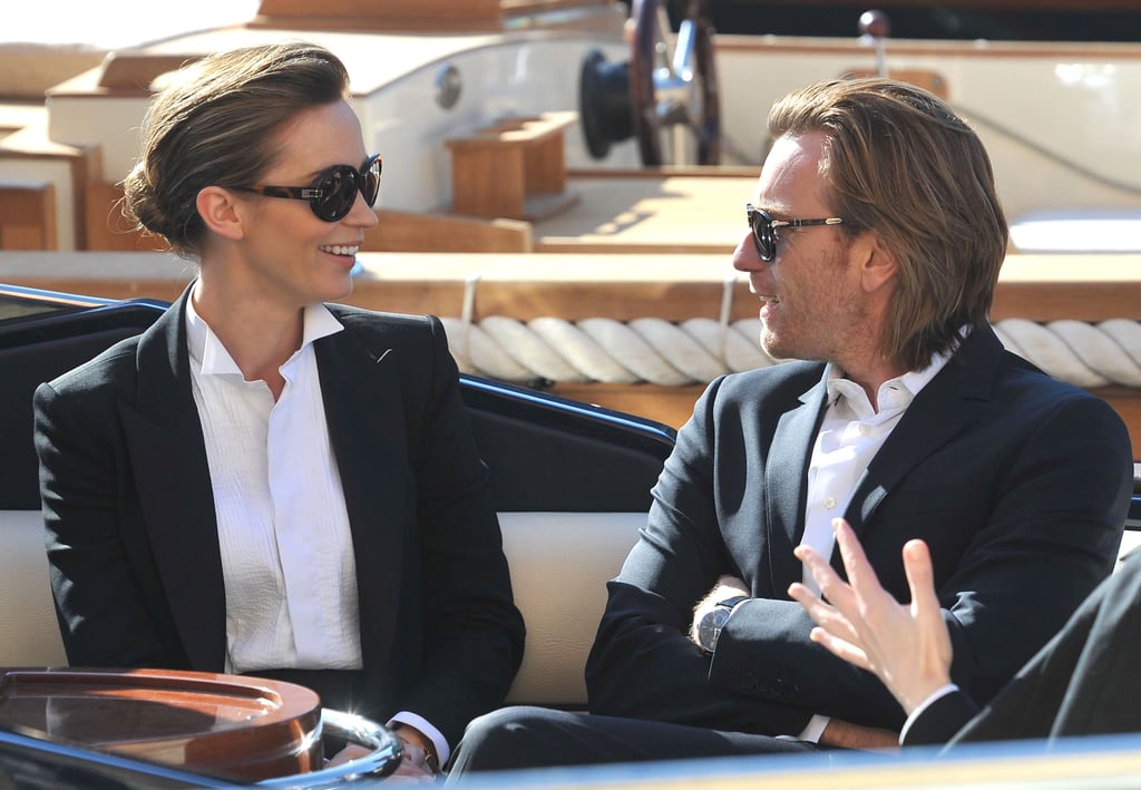 Emily Blunt and Ewan McGregor wore matching suits and sunglasses while filming a commercial in Portofino, Italy, on Sunday.
