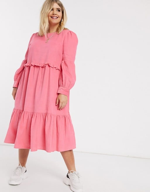ASOS Curve Cord Frill Smock Tiered Dress in Pink
