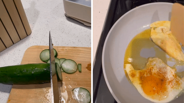 Cutting a cucumber using the chef's knife on the Caraway cutting board. Flipping an egg using Caraway's wooden spatula.