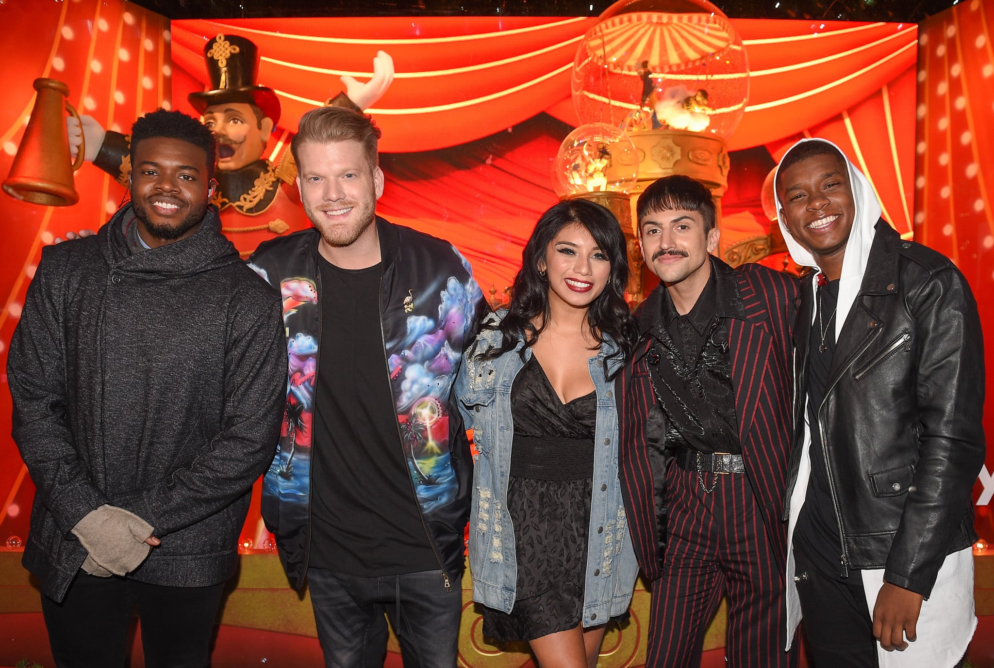 TORONTO, ON - NOVEMBER 02: L-R Kevin Olusola, Scott Hoying, Kirstin Maldonado, Mitch Grassi and Matt Sallee attend the Hudson's Bay And Saks Fifth Avenue Kick Off The Holidays With Pentatonix at Hudson's Bay on November 2, 2017 in Toronto, Canada.  (Photo by GP Images/WireImage)