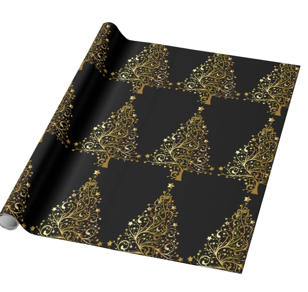 Merry Christmas Tree Stars Black Gold Shiny Wrapping Paper